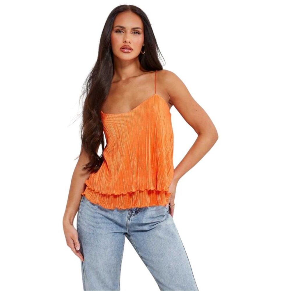 I Saw It First Womens/Ladies Layered Plisse Spaghetti Strap Camisole / Orange
